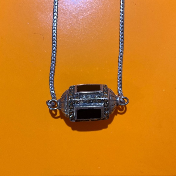 Vintage Sterling Silver Onyx Marcasite Cylinder Prayer Box Necklace 18” - Picture 3 of 12